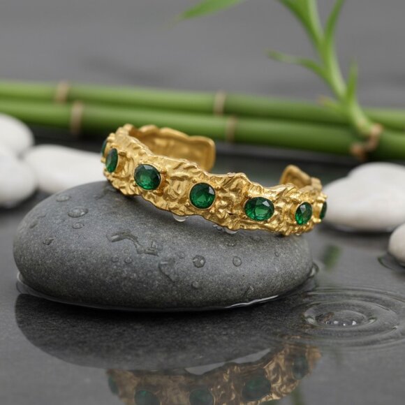 Vintage-Inspired Gold Cuff Bracelet | Green Zirconia Gems | 18K Gold Plated - Picture 1 of 12